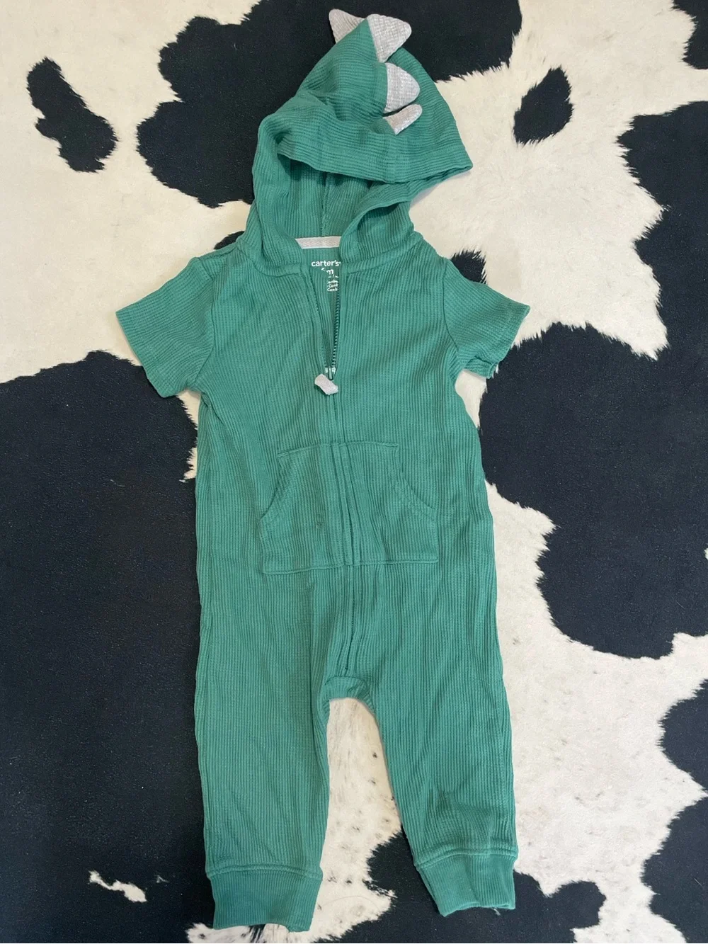 2/$12 Carter's Green Hooded Short-Sleeve Dino Romper with Spike Accents